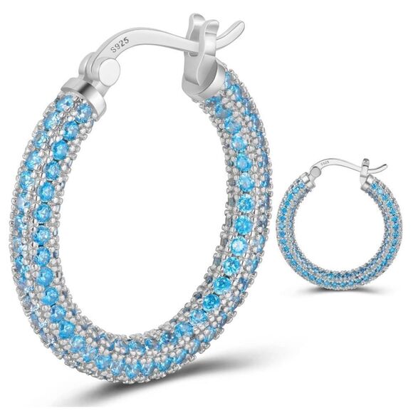 BijouStudios Earrings Jewelry - 14K White Gold Sterling Silver with Aquamarine Blue Cubic Zirconia Hoop Earrings